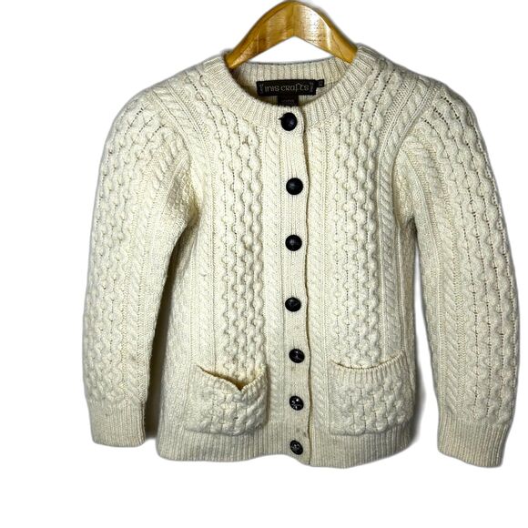 VTG Inis Crafts Ireland Ivory Merino Wool Fisherman Cable Knit Cardigan Size XS - Picture 3 of 12